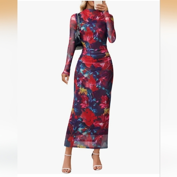 Dresses & Skirts - MEROKEETY Floral Sheer Mesh Long Sleeve Fully Lined Maxi Dresses Size XL NWT